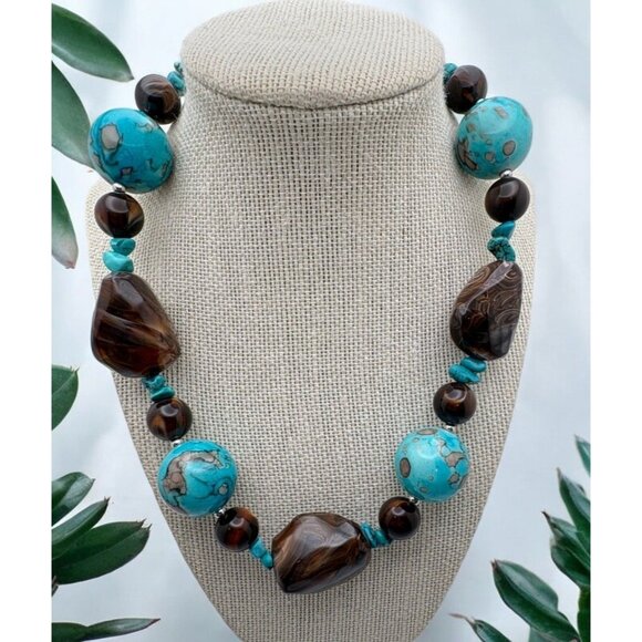 Vintage Chunky Beaded Necklace Faux Turquoise & Brown Earth Tone Boho Statement - Picture 1 of 8
